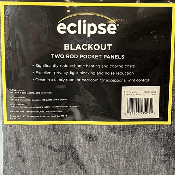 Eclipse Blackout‎ Two Rod Pocket Panels Kerry Solid Black  2- 37"x95" - Picture 2 of 5